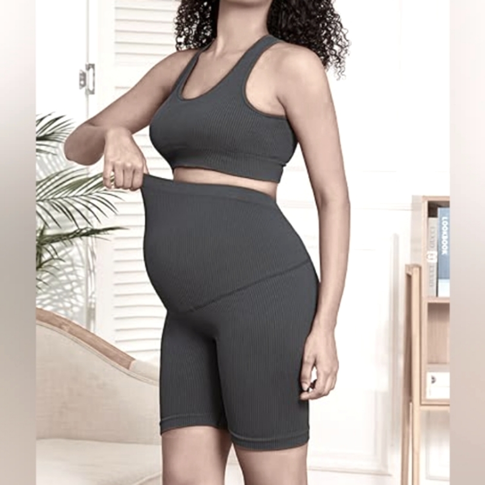 Sz M Maternity 2Piece Seamless RibbedMaternity Bra & High Waist Shorts Black